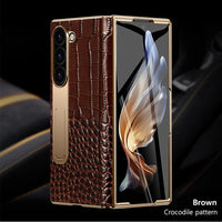 The Elegant Genuine Leather Magnetic Hinge Case for Samsung Z Fold 7/6 | Full Protective Shockproof Cover with Kickstand