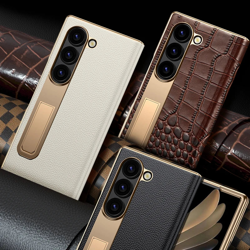 The Elegant Genuine Leather Magnetic Hinge Case for Samsung Z Fold 7/6 | Full Protective Shockproof Cover with Kickstand