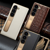 The Elegant Genuine Leather Magnetic Hinge Case for Samsung Z Fold 7/6 | Full Protective Shockproof Cover with Kickstand