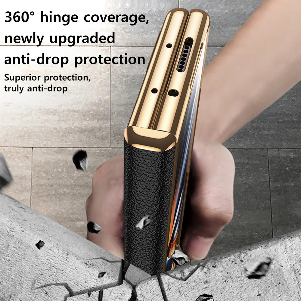The Elegant Genuine Leather Magnetic Hinge Case for Samsung Z Fold 7/6 | Full Protective Shockproof Cover with Kickstand