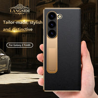 The Elegant Genuine Leather Magnetic Hinge Case for Samsung Z Fold 7/6 | Full Protective Shockproof Cover with Kickstand