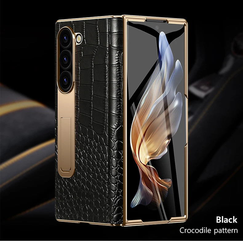 The Elegant Genuine Leather Magnetic Hinge Case for Samsung Z Fold 7/6 | Full Protective Shockproof Cover with Kickstand