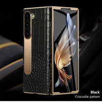 The Elegant Genuine Leather Magnetic Hinge Case for Samsung Z Fold 7/6 | Full Protective Shockproof Cover with Kickstand