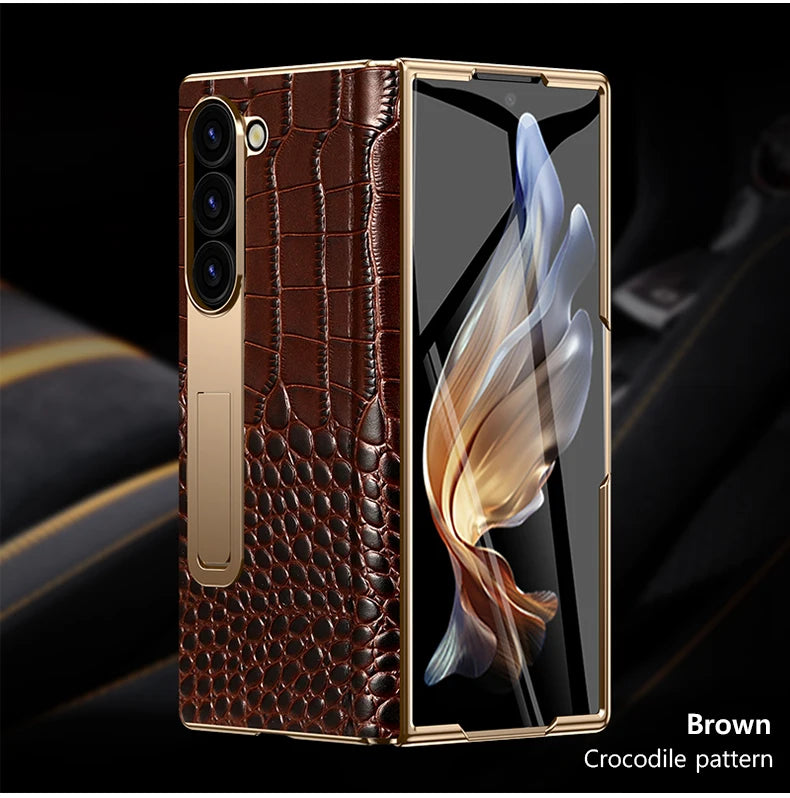 The Elegant Genuine Leather Magnetic Hinge Case for Samsung Z Fold 7/6 | Full Protective Shockproof Cover with Kickstand