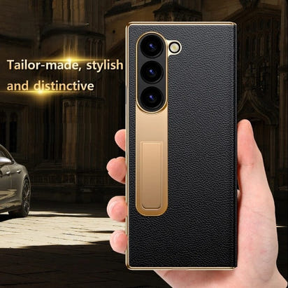 The Elegant Genuine Leather Magnetic Hinge Case for Samsung Z Fold 7 6 | Full Protective Shockproof Cover with Kickstand