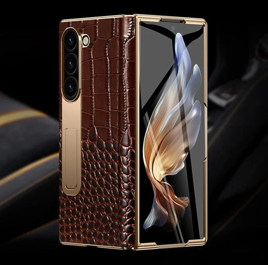 The Elegant Genuine Leather Magnetic Hinge Case for Samsung Z Fold 7 6 | Full Protective Shockproof Cover with Kickstand