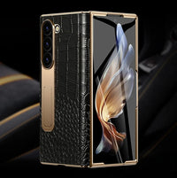 The Elegant Genuine Leather Magnetic Hinge Case for Samsung Z Fold 7 6 | Full Protective Shockproof Cover with Kickstand