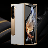 The Elegant Genuine Leather Magnetic Hinge Case for Samsung Z Fold 7 6 | Full Protective Shockproof Cover with Kickstand