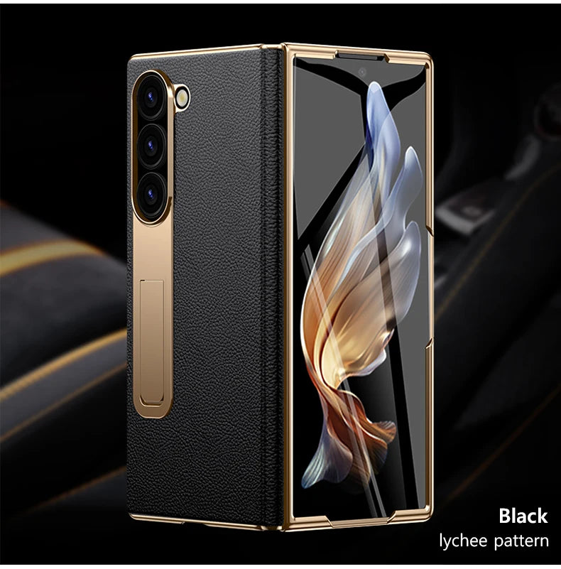 The Elegant Genuine Leather Magnetic Hinge Case for Samsung Z Fold 7/6 | Full Protective Shockproof Cover with Kickstand