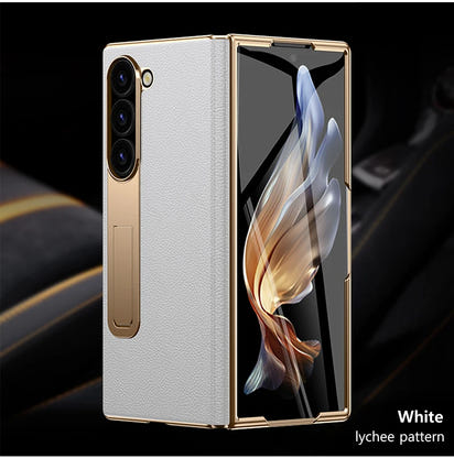 The Elegant Genuine Leather Magnetic Hinge Case for Samsung Z Fold 7/6 | Full Protective Shockproof Cover with Kickstand